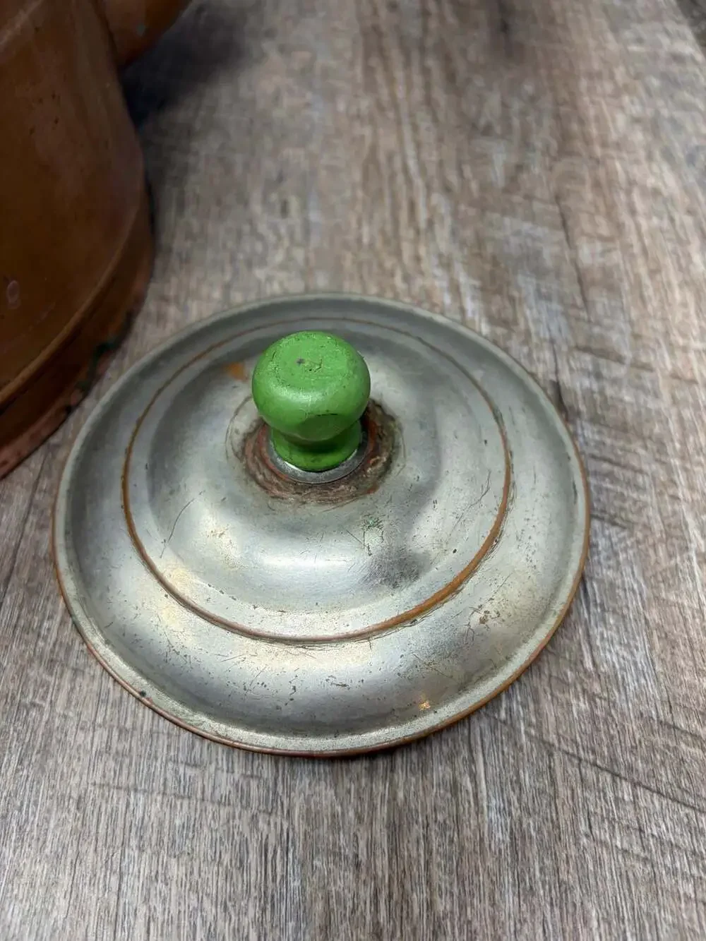 Antique Rome Copper and Nickel Plated Tea Kettle with Green Knob and Wood Handle